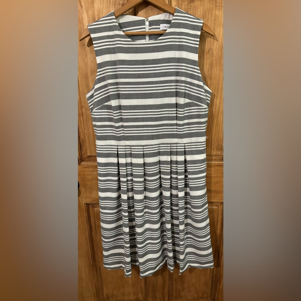 Calvin Klein Dress 12 Fit Flare Striped Stretch Pleats Pockets Coastal Business